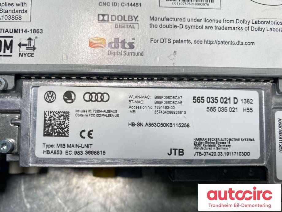 Bilstereo navigasjon til Škoda Octavia 2017-2020 (Type III, Fase 2)  (HARMAN AUTOMOTIVE|565 035 021 D|)