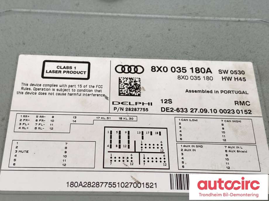 Bilstereo CD-veksler til Audi A1 2010-2014 (Type I, Fase 1) (DELPHI/AUDI|8X0 035 180A|8X0 035 459|8X0 035 180 G)