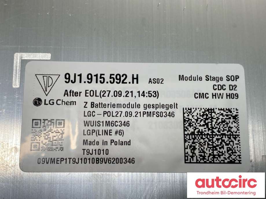 Batteripakke-modul elbil til Audi e-tron GT 2021-->>  (LG CHEM|9J1 915 592 H|9J1 915 592 J|)