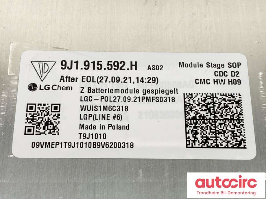 Batteripakke-modul elbil til Audi e-tron GT 2021-->>  (LG-CHEM|9J1 915 592 H|9J1 915 592 J|)