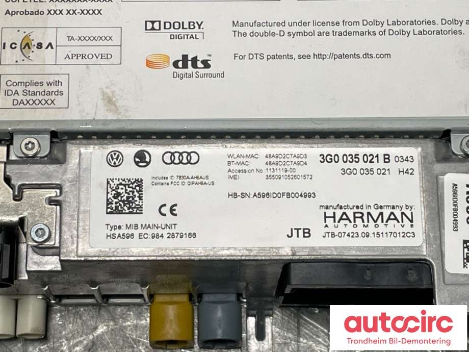 Bilstereo navigasjon til VW Passat 2015-2019 (Fase 1) (B8) (B8) (3G0035021B|)