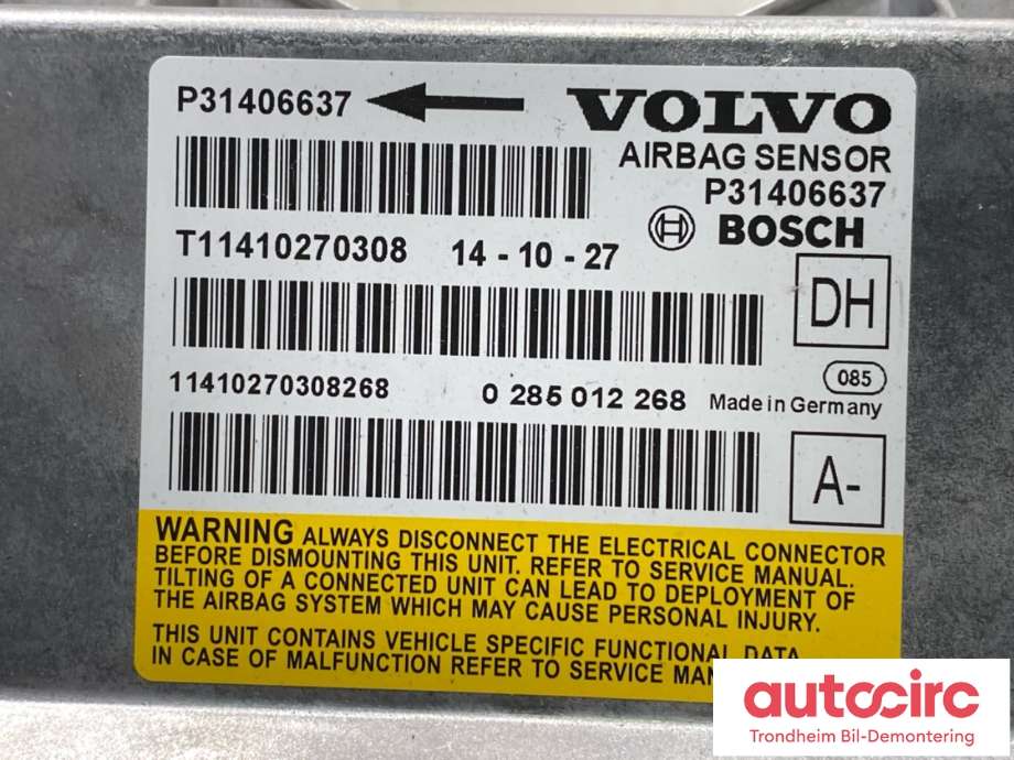 Airbag elektronikk til Volvo XC60 2014-2017 (Type I, Fase 2)  (VOLVO|P31406637|0 285 012 268|T11410270308)