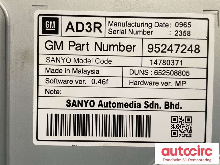 Bilstereo navigasjon skjerm til Opel Zafira Tourer 2012-2018  (SANYO|42353388|95247248|14780371)