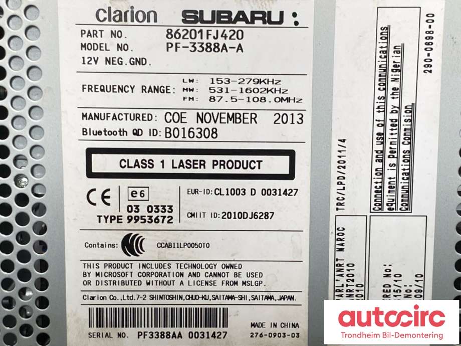 Bilstereo til Subaru XV 2012-2017 (Type I) (86201FJ420|)