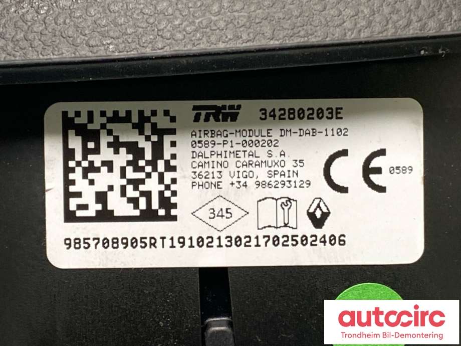Airbag rattpute til Renault Zoe 2019-->> (Fase 2) (TRW|985709705R|)