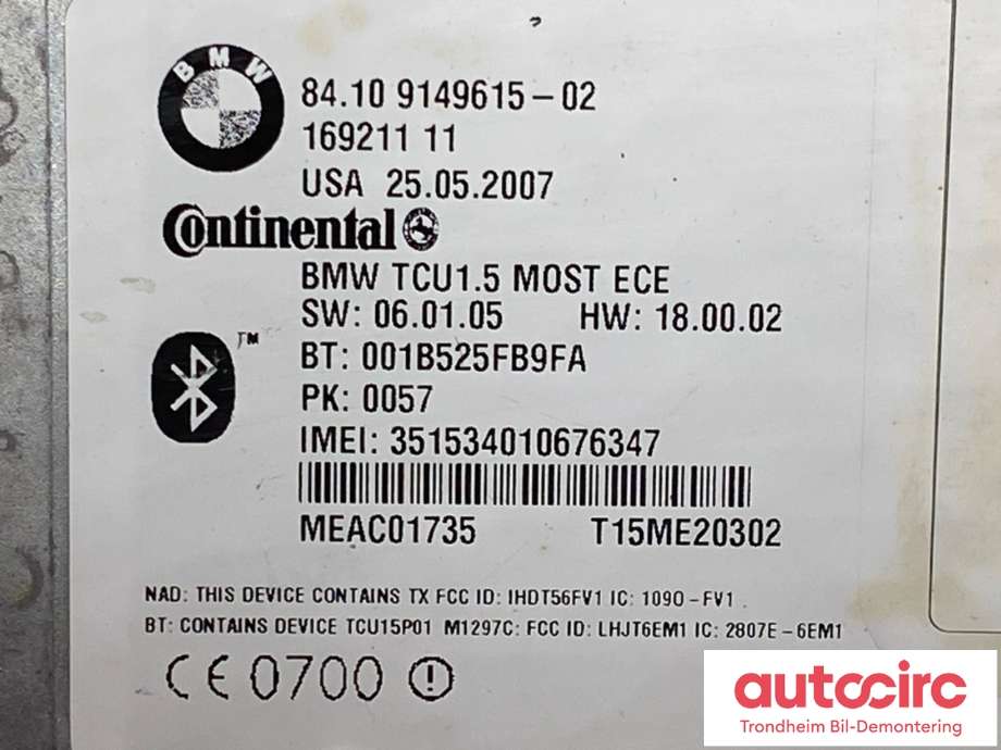 Styreenhet bluetooth til BMW X5 2007-2013 (E70) (E70) (84109149615|84 10 9 187 317|)