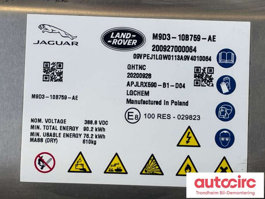 Batteripakke elbil til Jaguar I-PACE 2018-->> (90 KWH|T4K16281|M9D310B759AE| 431124566| M9D310B759AJ|)