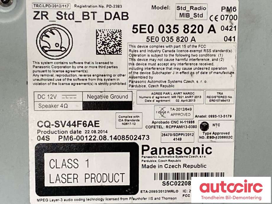 Bilstereo til Škoda Octavia 2013-2016 (Type III, Fase 1)  (5E0035820A|5E0035820AX|)