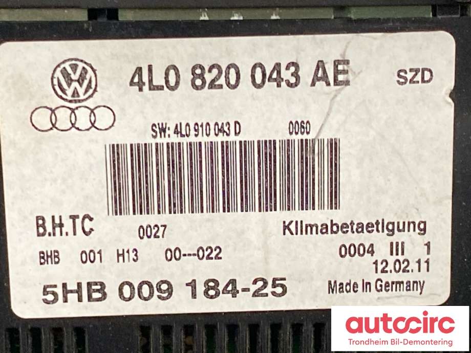 Varmeapparat betjening til Audi Q7 2010-2015 (Type I, Fase 2)  (4L0820043AE|)