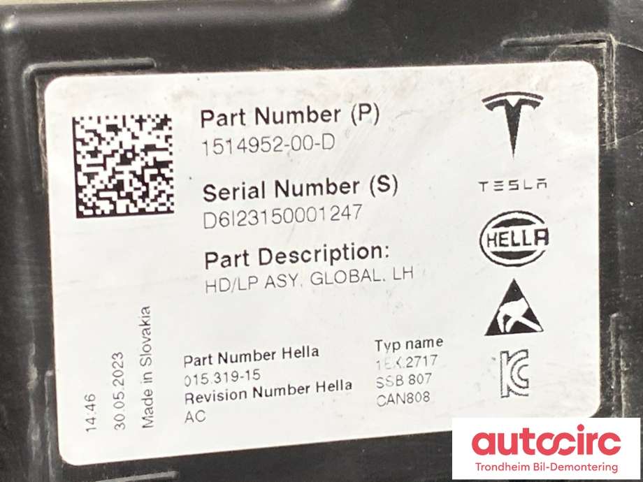 Frontlykt venstre full-LED til Tesla Model Y 2021-2024 (Type I)  (1514952-10-E|1514952-00-C|1514952-00-D|1514952-00-E|1514952-20-E)