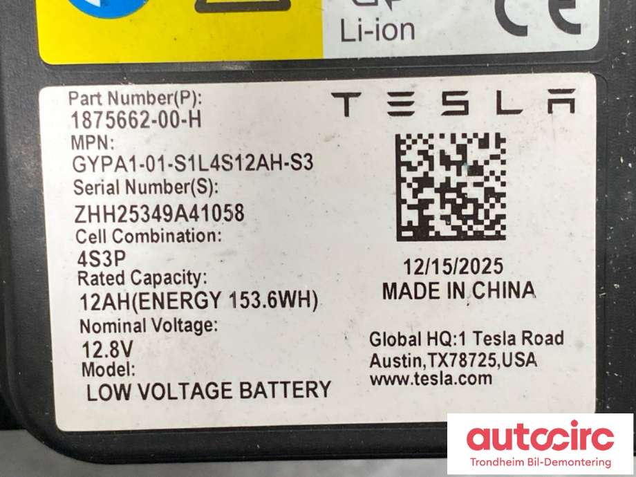 Batteri 12V til Tesla Model Y 2024-->> (Type II)  (1875662-00-H|)