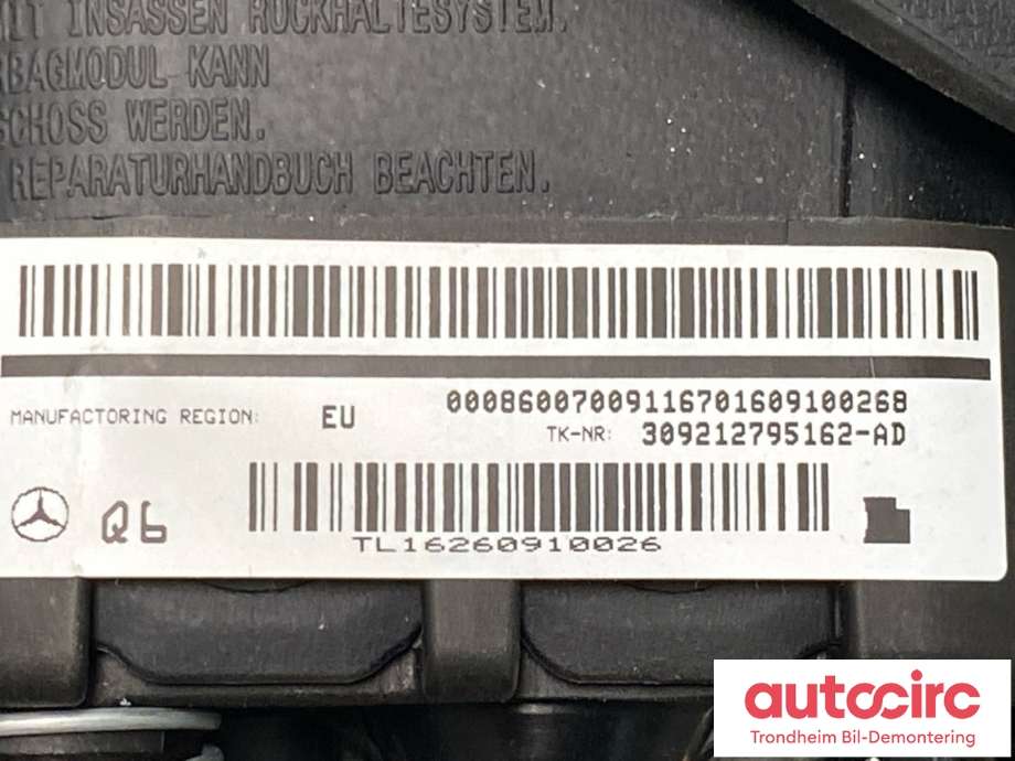 Airbag rattpute til Mercedes B-Klasse, electric drive 2014-2018 (W242) (W242) (A 000 860 07 00|A 000 860 02 01|)
