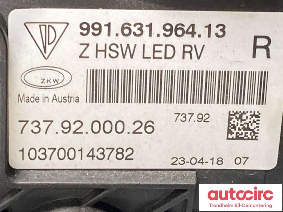 Frontlykt høyre full-LED til Porsche 911 2012-2019 (991) (991) (991 631 964 62|991 631 964 65|991 631 964 13)