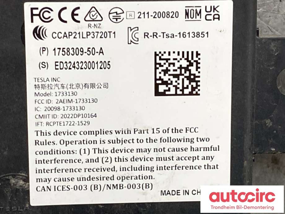 Styreenhet bluetooth til Tesla Model 3 2024-->> (Fase 2) (1758309-50-B|)