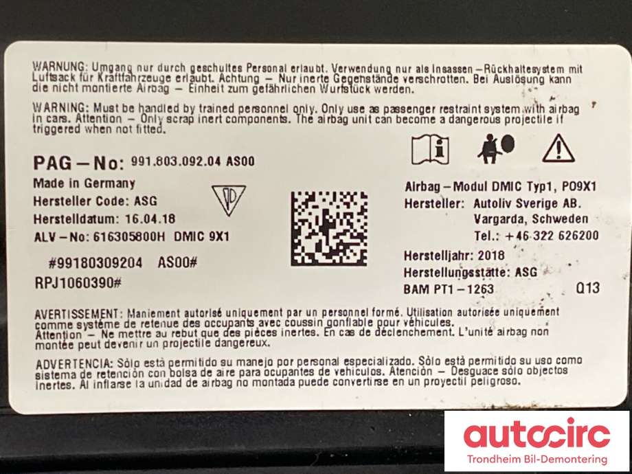 Airbag sidepute høyre til Porsche 911 2012-2019 (991) (991) (99180309204|991 803 092 01|991 803 092 07)