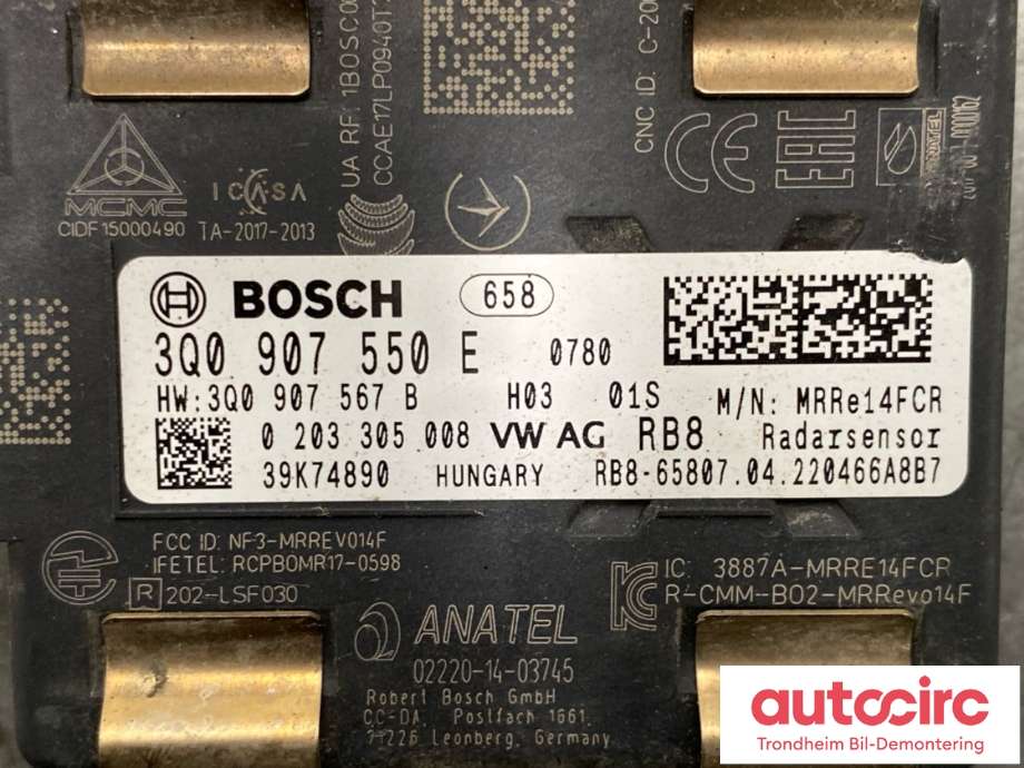 Sensor radar til Škoda Superb 2015-->> (Type III)  (BOSCH|3Q0 907 550 E|5Q0 907 572 S|0203305008)