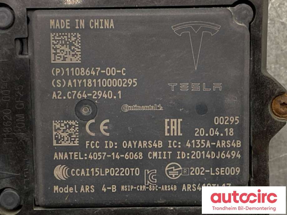 Sensor radar til Tesla Model X 2016-->>  (1108647-00-D|A2.C768-8410.4|1108647-00-B|1108647-00-C|1108647-00-H)