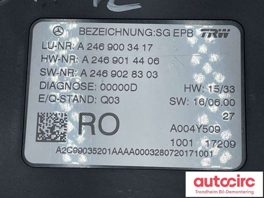 Styreenhet elektrisk parkbrems (EPB - Electric Parking Brake) til Mercedes A-Klasse 2012-2018 (W176) (W176) (A2469003417|)