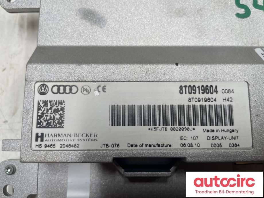 Bilstereo navigasjon skjerm til Audi A4, Allroad 2009-2016 (Type I) (B8) (B8) (HARMAN/BECKER|8T0919604|)