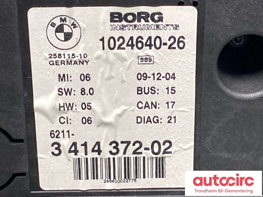 Instrumentpanel til BMW X3 2003-2006 (Fase 1) (E83) (E83) (BORG INSTRUMENTS|62 10 3 451 581|3 414 372-02|1024640-26)
