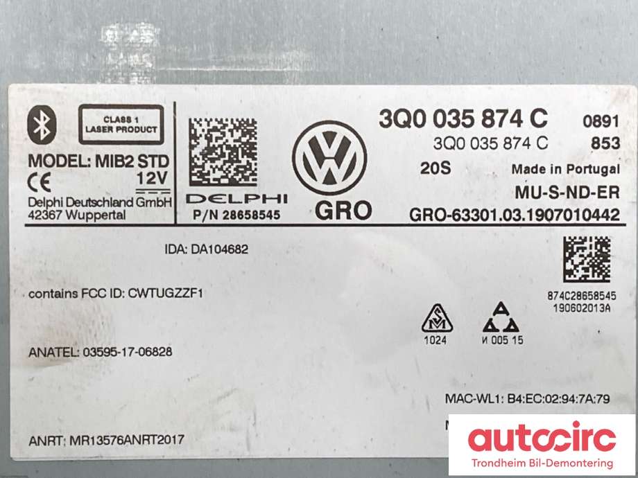 Bilstereo navigasjon til VW Tiguan 2016-2020 (Type II, Fase 1)  (3Q0035874C|3Q0035874CX|)