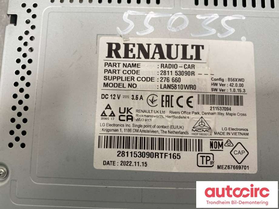 Multimedia display (MCU - Media Controller Unit) til Renault Master 2014-->> (Type III, Fase 2)  