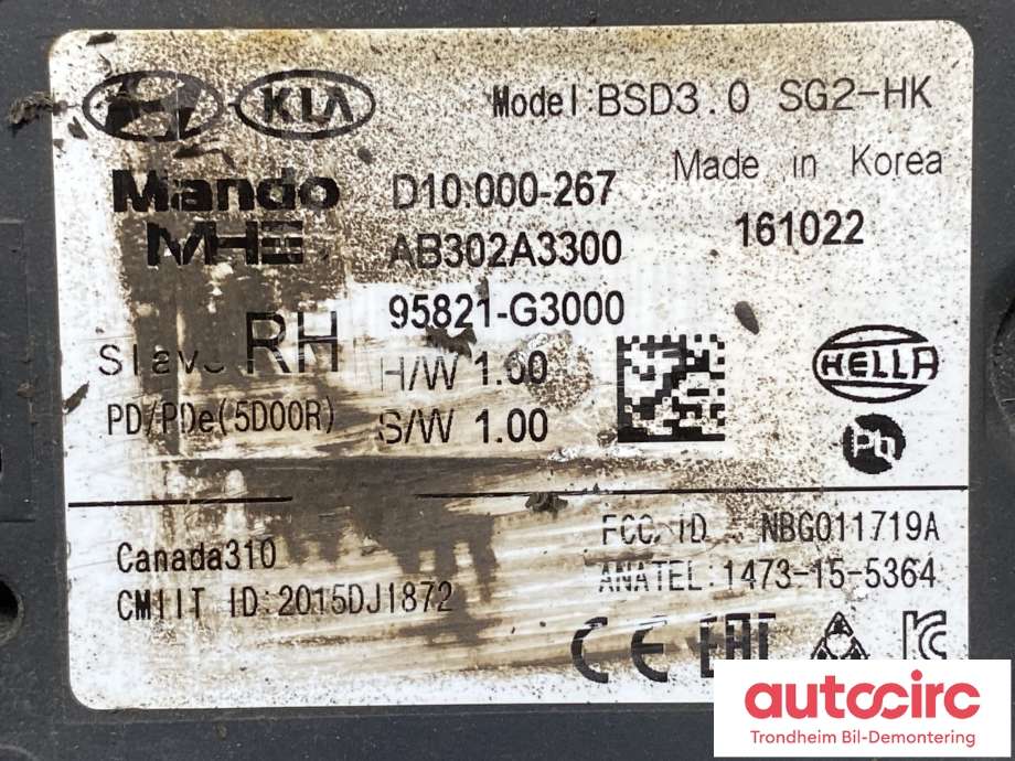 Sensor blindsone til Hyundai i30 2017-2020 (Type III)  (95821-G3000|)