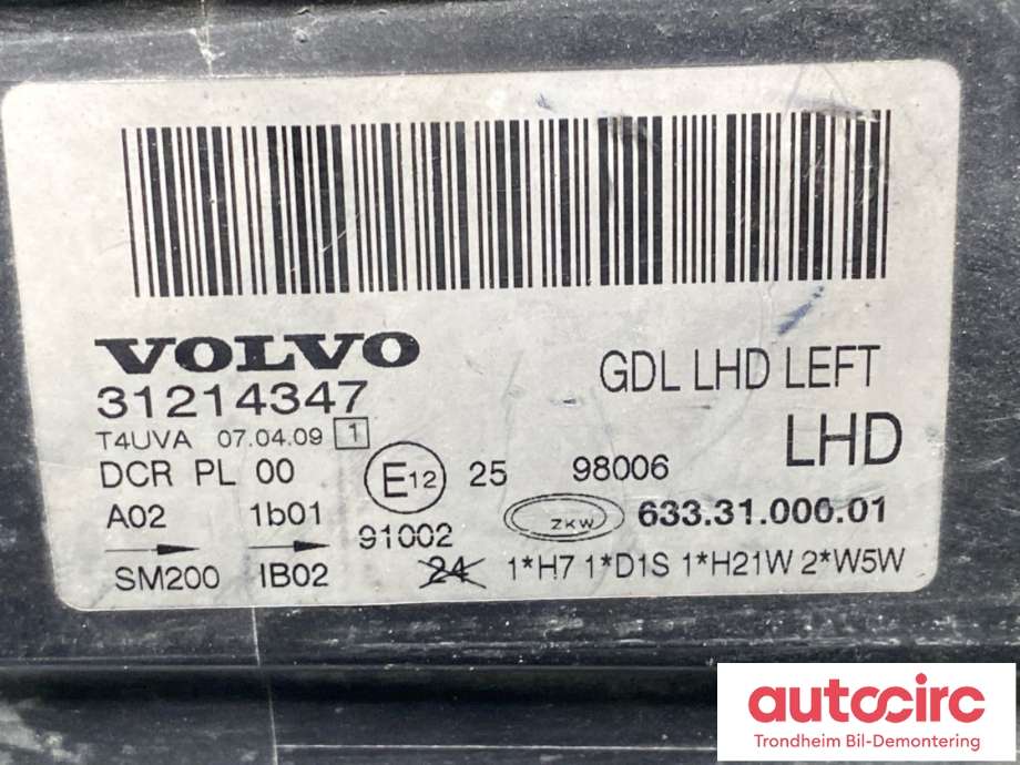 Frontlykt venstre xenon til Volvo V70 2007-2013 (Type III, Fase 1) (31214347|31214415|)