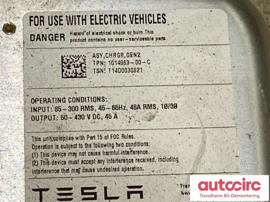 Batterilader (OBC - On Board Charger) til Tesla Model S 2013-2016 (Fase 1)  (1014963-00-C|1014963-00-E|1014963-00-F)