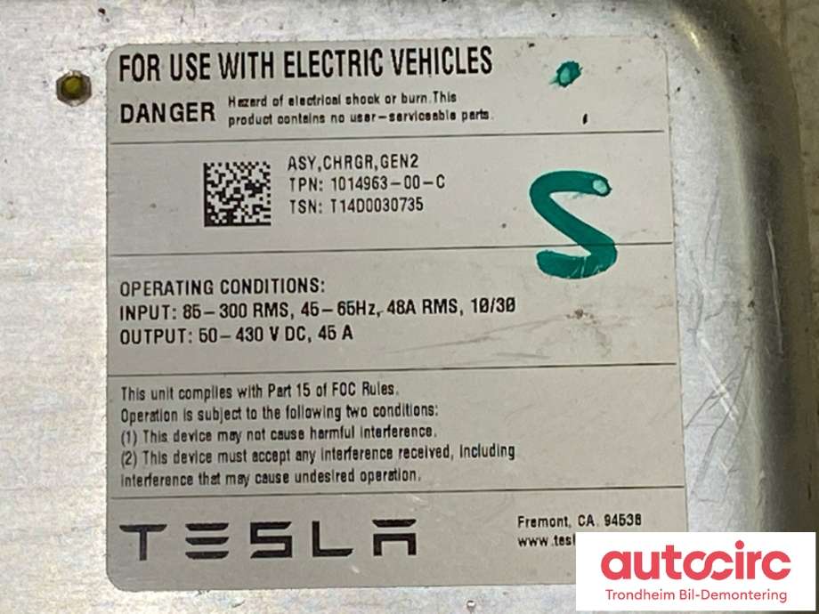 Batterilader (OBC - On Board Charger) til Tesla Model S 2013-2016 (Fase 1) (1014963-00-C|1014963-00-E|1014963-00-F)