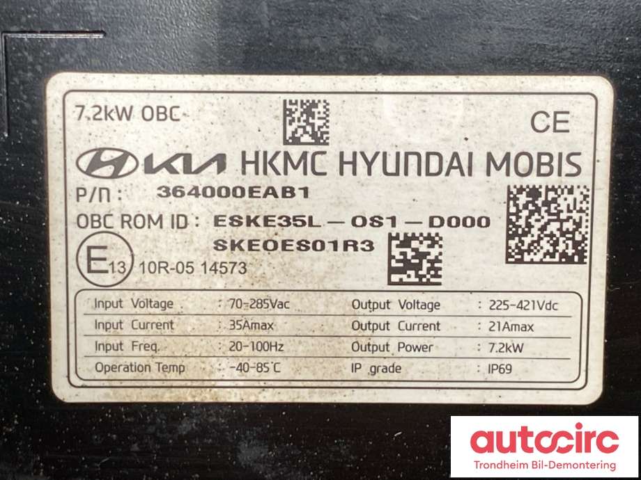 Batterilader (OBC - On Board Charger) til Kia e-Soul 2019-->> (Type III) (364000EAB1|)