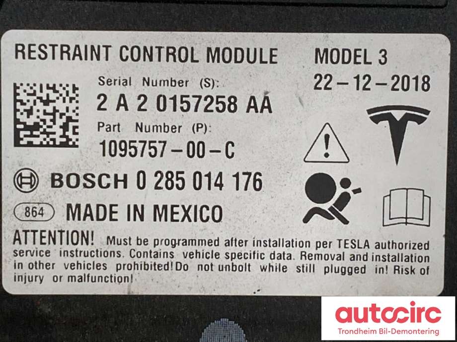 Styreenhet airbag hovedsensor til Tesla Model 3 2018-2023 (Fase 1) (1095757-00-C|1095757-00-B|)