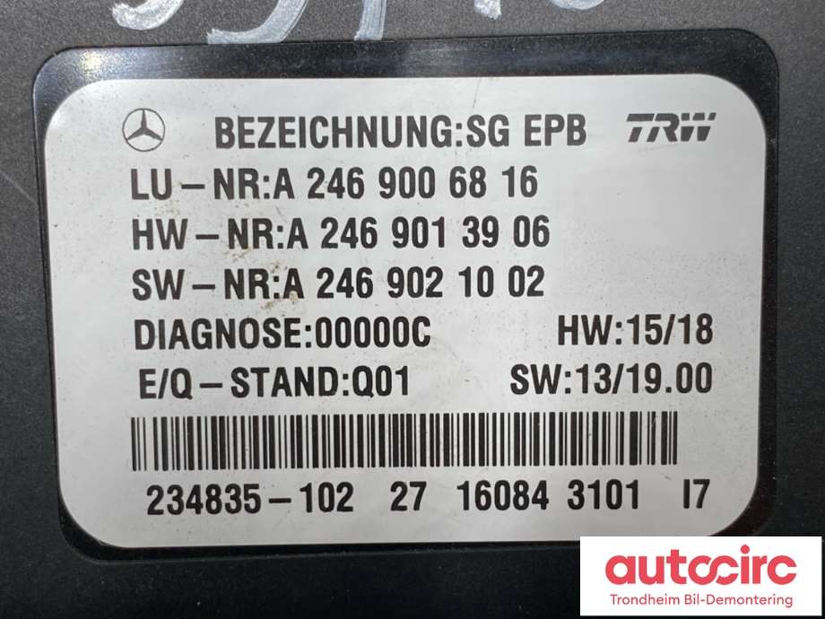 Styreenhet elektrisk parkbrems (EPB - Electric Parking Brake) til Mercedes B-Klasse, electric drive 2014-2018 (W242) (W242) (TRW|A 246 900 68 16|A 246 900 85 16|A 246 900 34 17)
