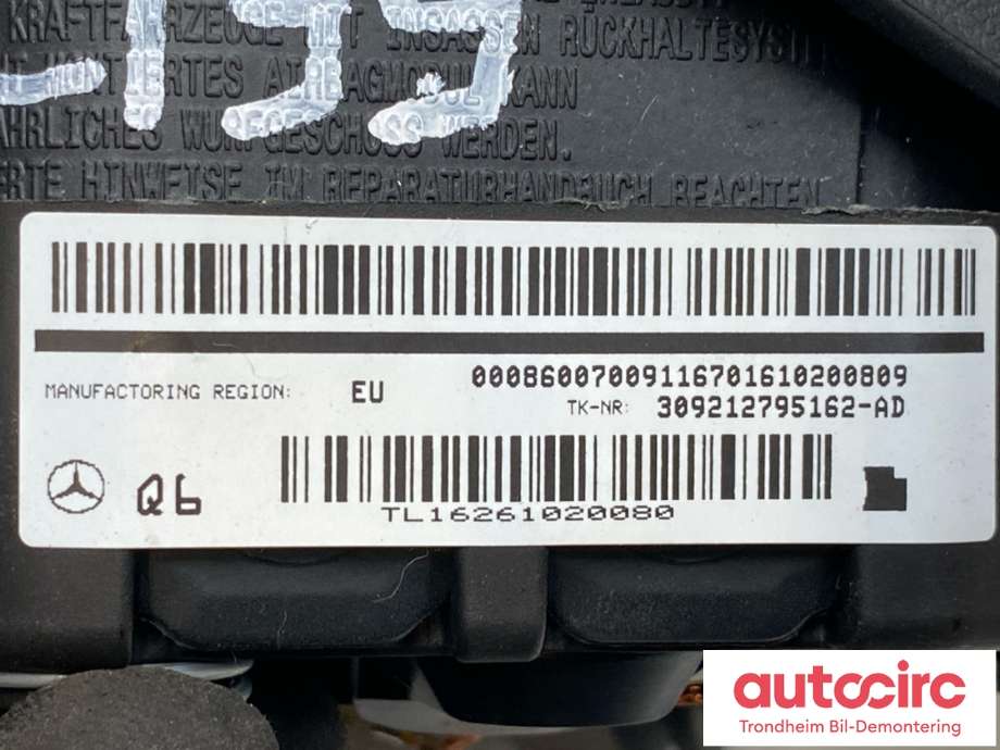 Airbag rattpute til Mercedes B-Klasse, electric drive 2014-2018 (W242) (W242) (A 000 860 07 00|A 000 860 02 01|)
