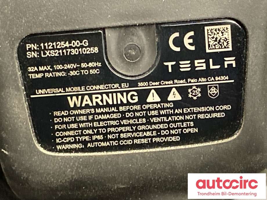 Batterilader kabel til Tesla Model Y 2021-2024 (Type I)  (NØDLADER|1121254-00-G|)