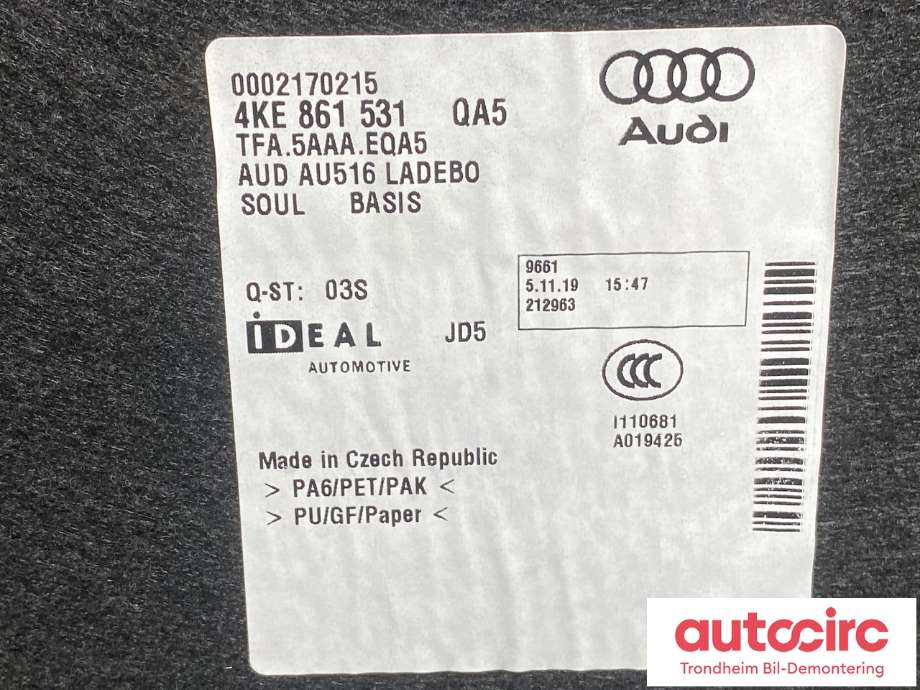 Bagasjerom teppe/gulvplate til Audi e-tron 2018-->>  (4KE861531|4KE 861 531|4KE861531  QA5| 4KE861531A QA5|)