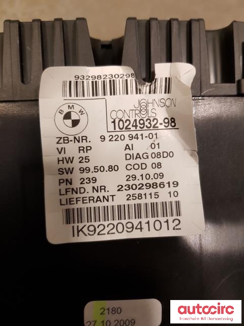 Instrumentpanel til BMW 1-Serie 2004-2011 (E81/E82/E87/E88) (E81/E82/E87/E88) (JOHNSON CONTROLS|9220941-01|9283793|62109283793)