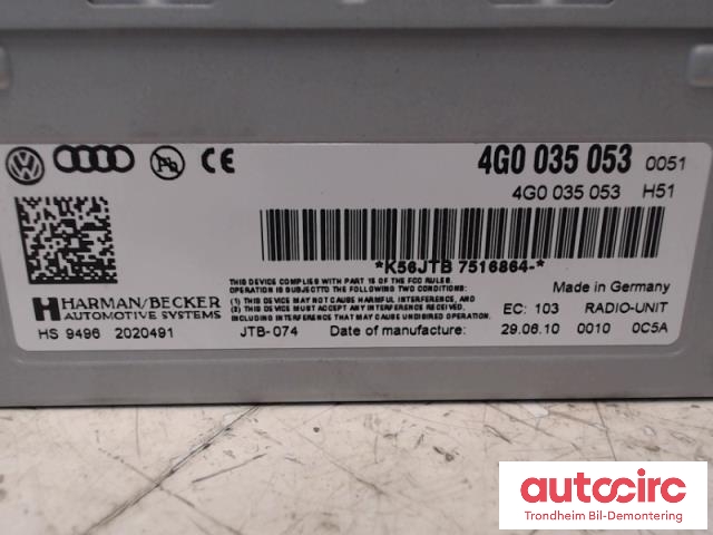 Bilstereo diverse til Audi Q5 2008-2012 (Type I, Fase 1)  (HARMAN/BECKER|4G0035053|JTB-074|4G0035053X)