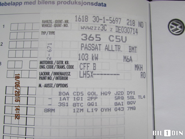 VW Passat 2011-2015 (B7) (B7), Motorkode: CFFB, Girkassekode: MKH