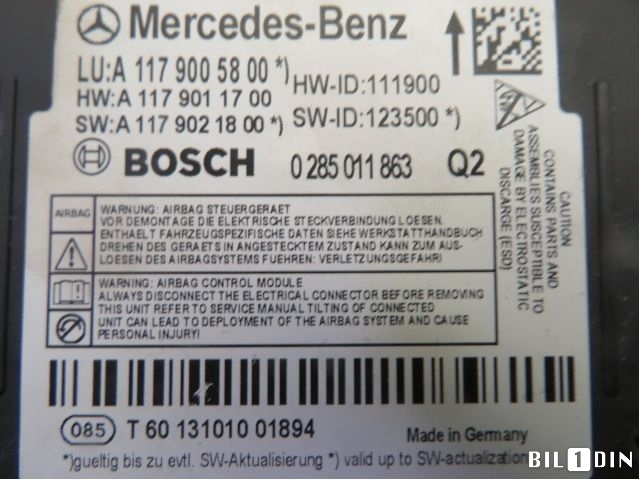 Airbag elektronikk til Mercedes A-Klasse 2012-2018 (W176) (W176) (MERCEDES|A1179009200|0285011863|A1179001700)