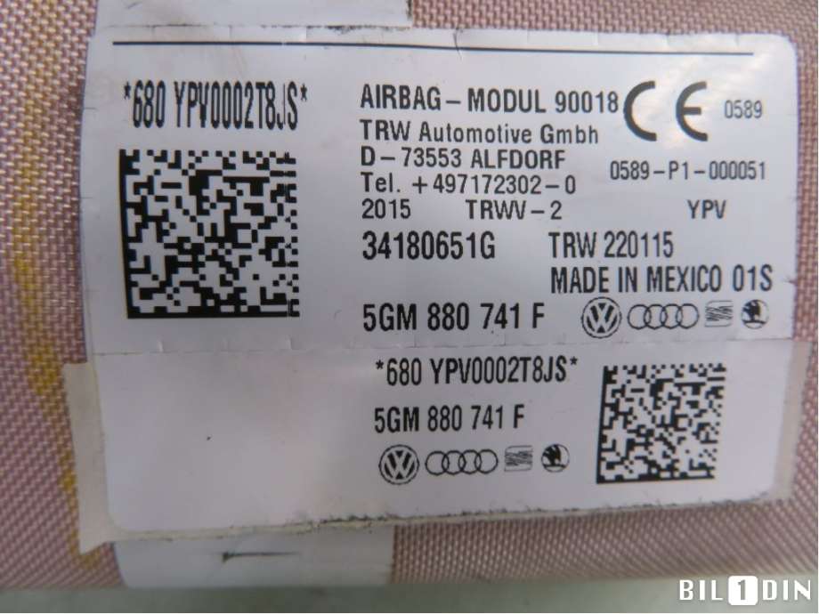Airbag gardin venstre til VW e-Golf 2014-2017 (Fase 1) (VOLKSWAGEN|5GM880741C|34180651G|5GM880741F)
