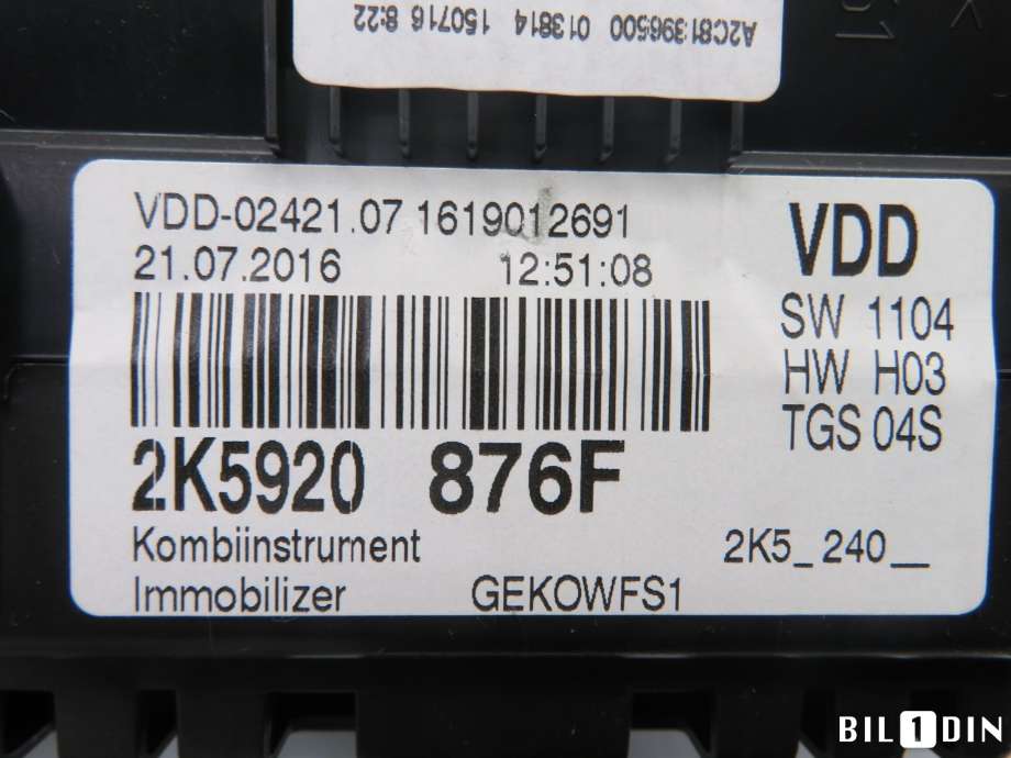 Instrumentpanel til VW Caddy 2015-2020 (Type III, Fase 3)  (VOLKSWAGEN|2K5920876F|)