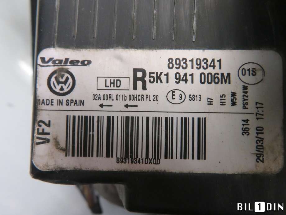 Frontlykt høyre halogen til VW Golf VI 2008-2012  (VOLKSWAGEN|5K1941006L|)