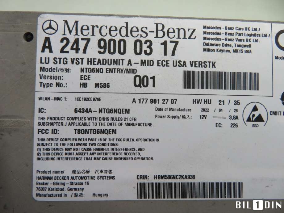 Styreenhet DAB til Mercedes EQB 2022-->>  (MERCEDES|A2479000317|)