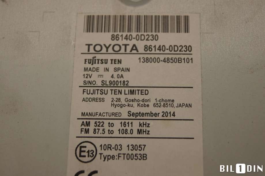 Bilstereo til Toyota Yaris 2014-2020 (Type III, Fase 2)  (TOYOTA|861400D230|)