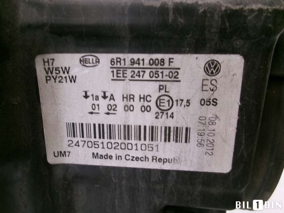 Frontlykt høyre halogen til VW Polo 2009-2014 (Type V, Fase 1)  (VOLKSWAGEN|6R1941008F|)
