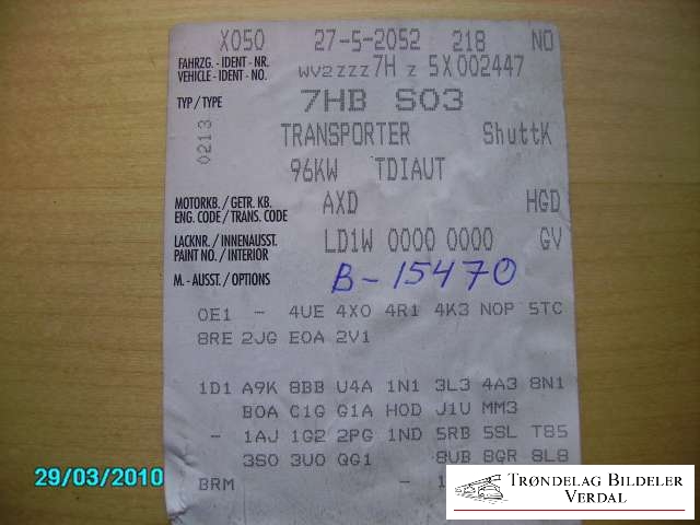 VW Transporter / Caravelle 2003-2009 (Fase 1) (T5) (T5), Motorkode: AXD, Girkassekode: 