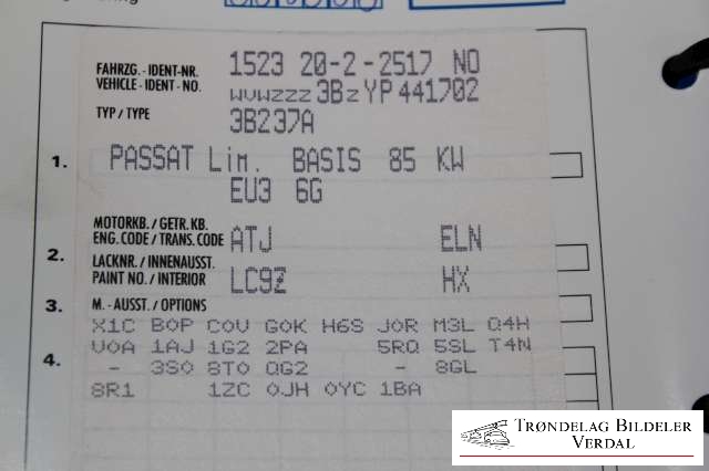 VW Passat 1997-2000 (B5,3B) (B5,3B), Motorkode: ATJ, Girkassekode: M