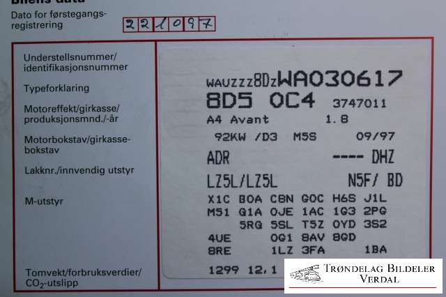 Audi A4 1995-1999 (Type I, Fase 1) (B5) (B5), Motorkode: ADR, Girkassekode: DHZ