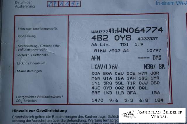 Audi A6 1997-2001 (Type II, Fase 1) (C5) (C5), Motorkode: AFN| AVG, Girkassekode: 